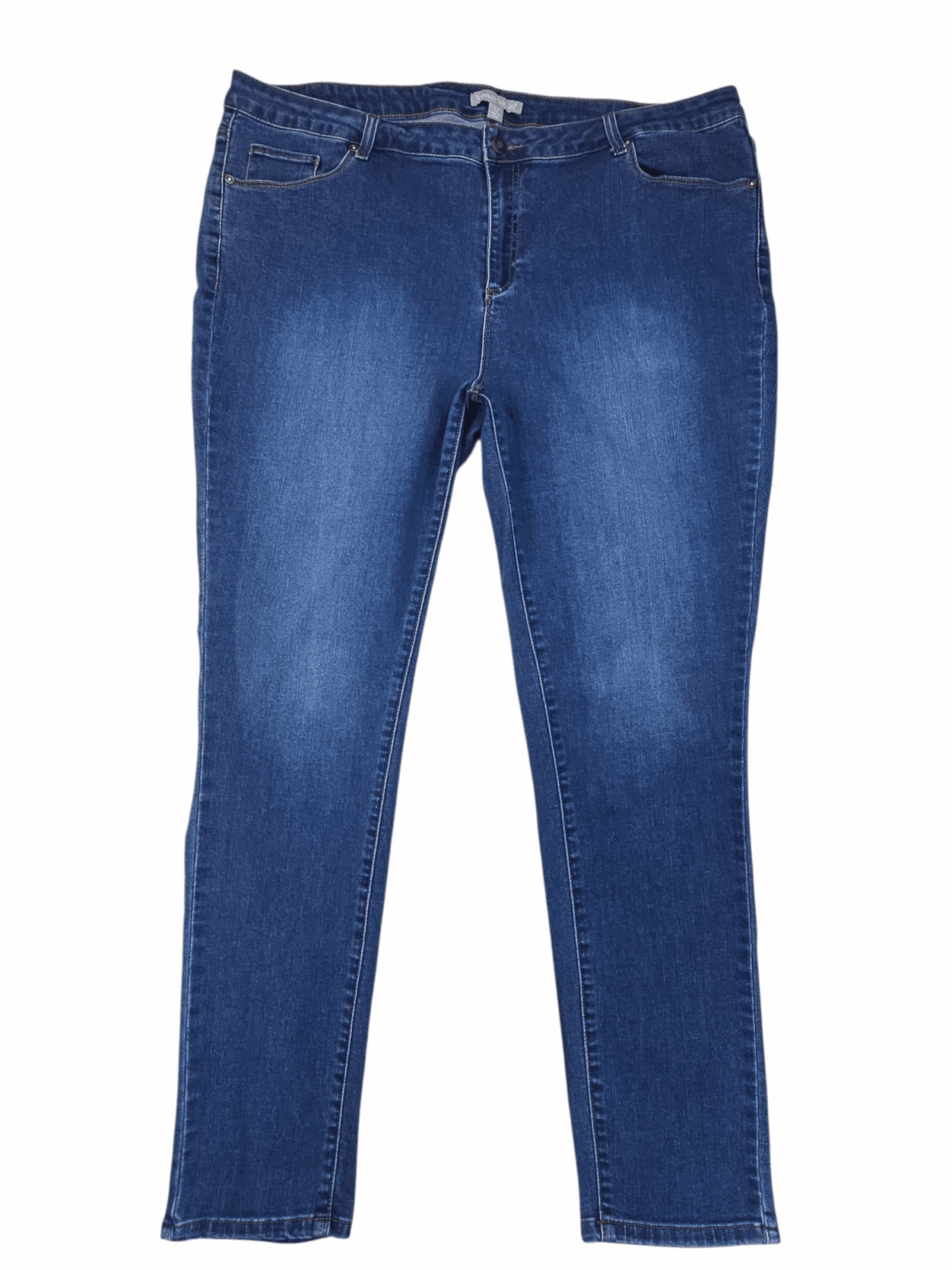 A pair of classic blue denim jeans with a slim fit.