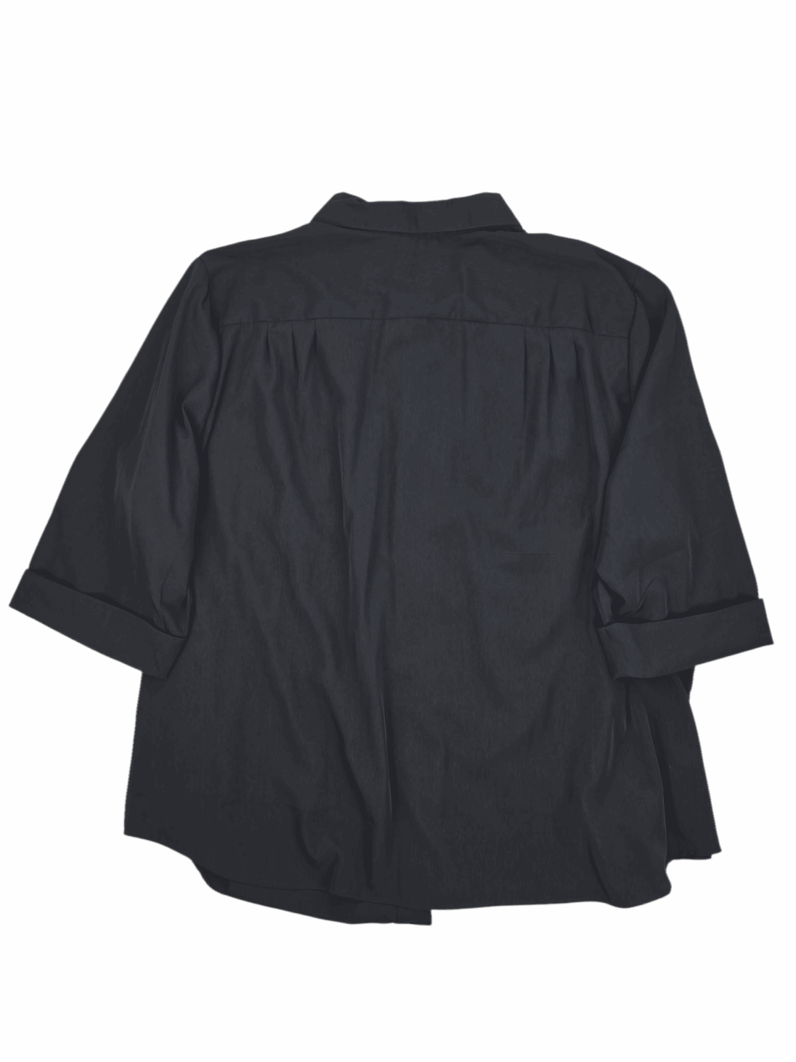 Back view of Only Necessities black button-up shirt showing yoke seam and relaxed drape.