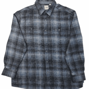 Blue and black plaid flannel shirt with long sleeves.