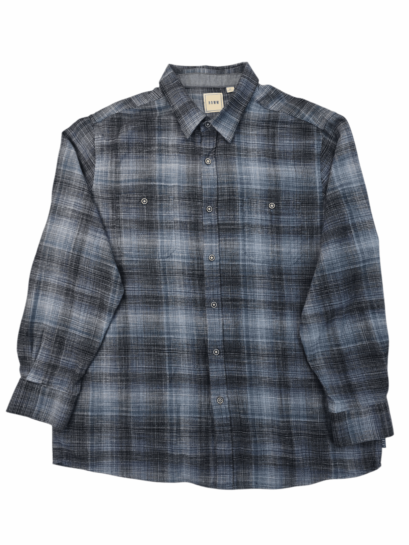 Blue and black plaid flannel shirt with long sleeves.