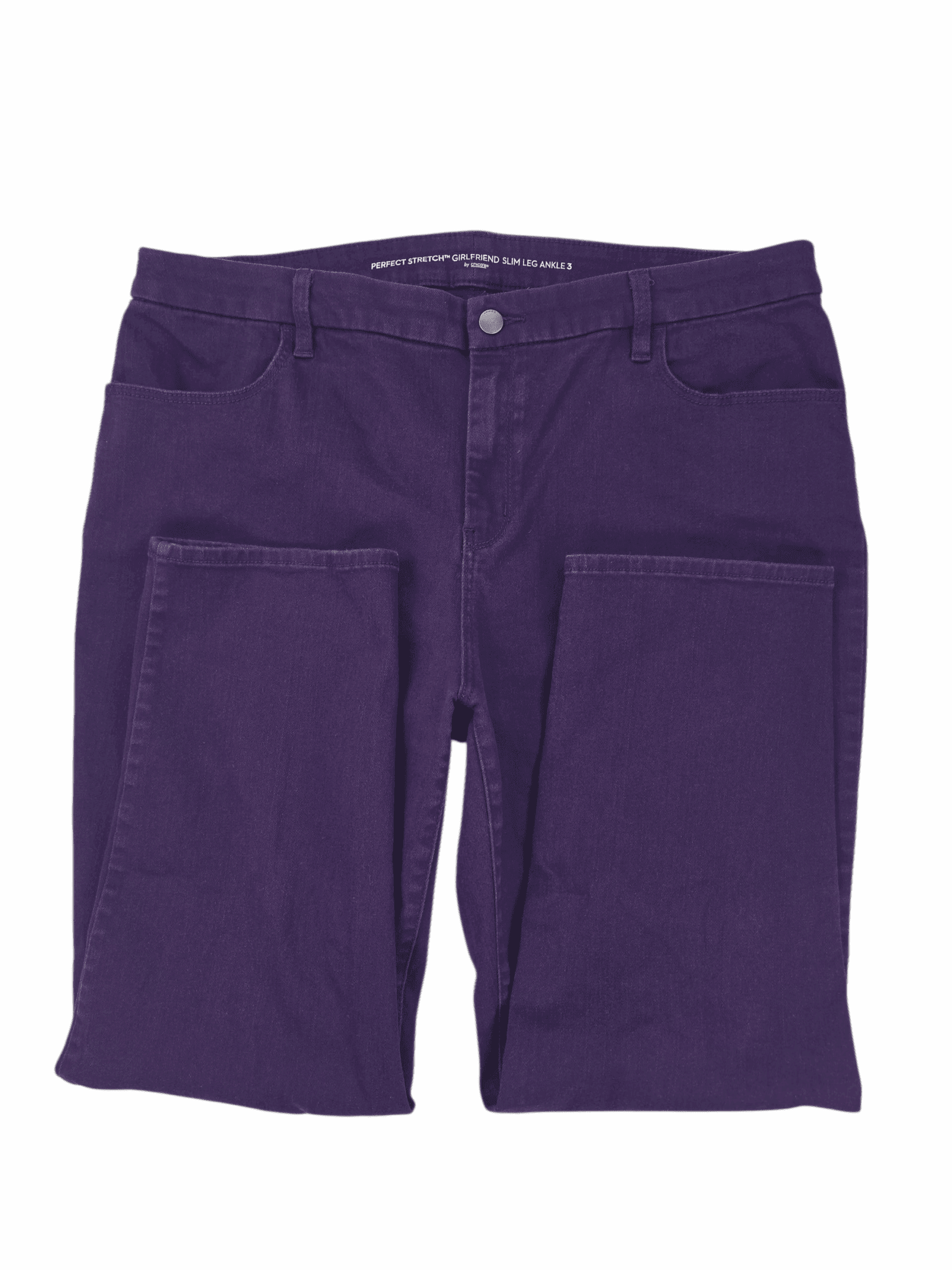 A pair of folded purple pants on a white background.