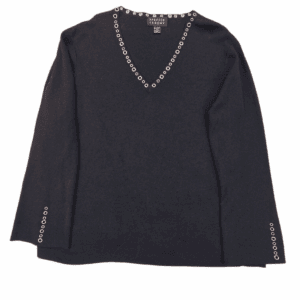 Black long-sleeve V-neck top with decorative button details.