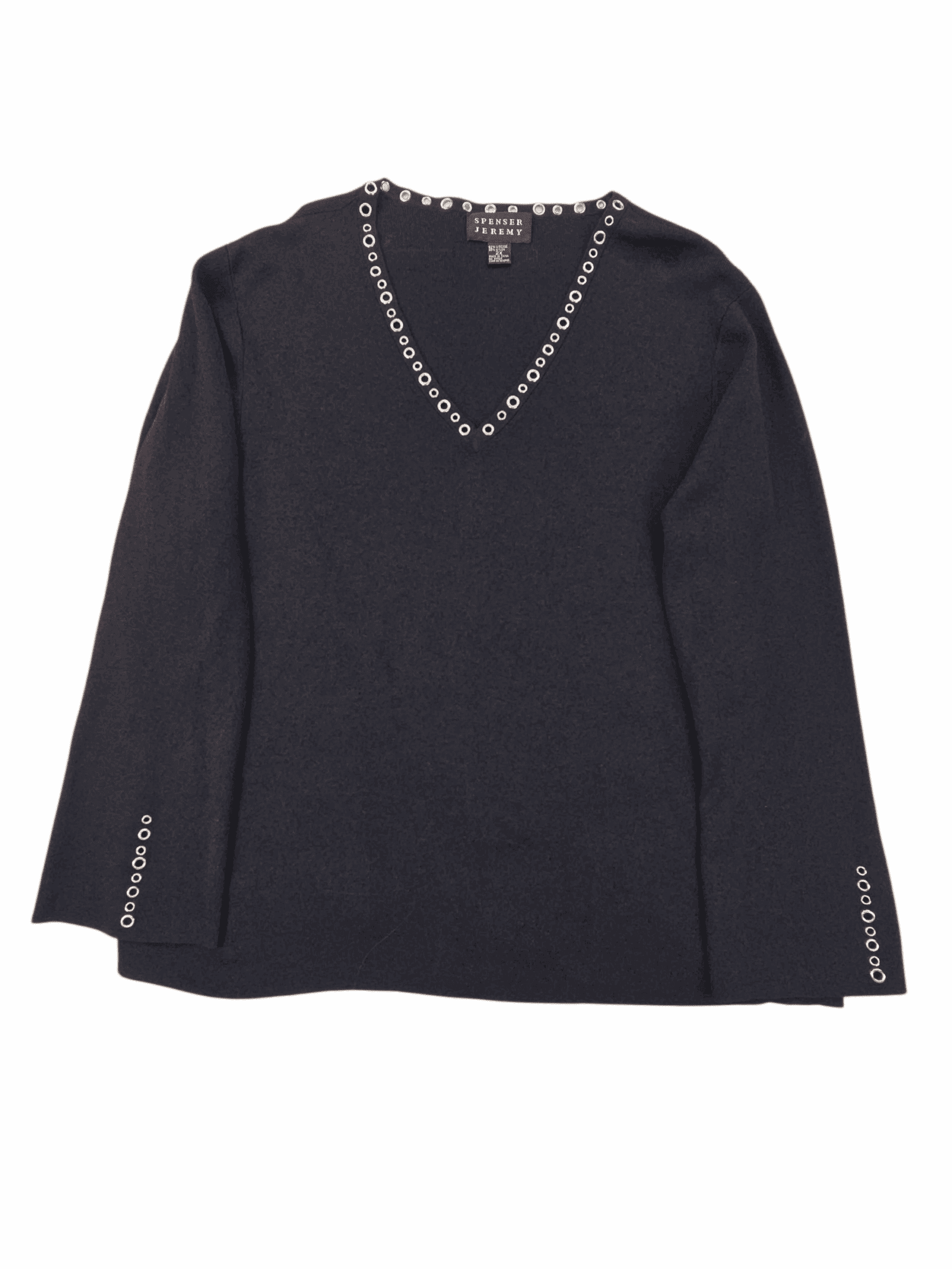 Black long-sleeve V-neck top with decorative button details.
