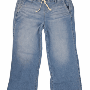 Front view of Torrid light blue denim ankle pants in women’s size 2 short showing five-pocket design and cropped length.