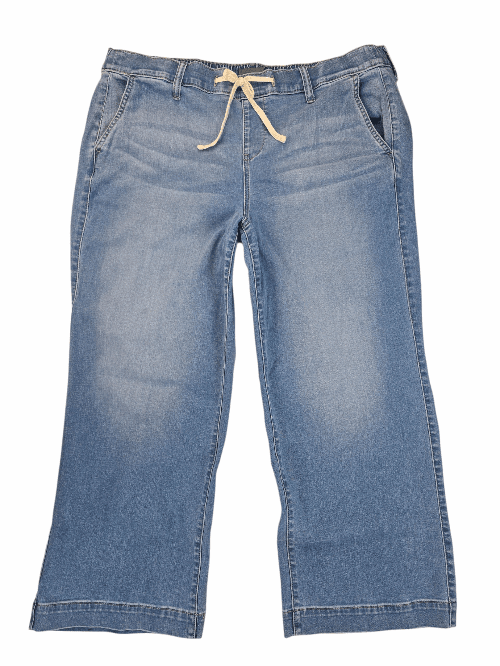 Front view of Torrid light blue denim ankle pants in women’s size 2 short showing five-pocket design and cropped length.