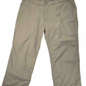A pair of beige casual pants laid flat on a white background.