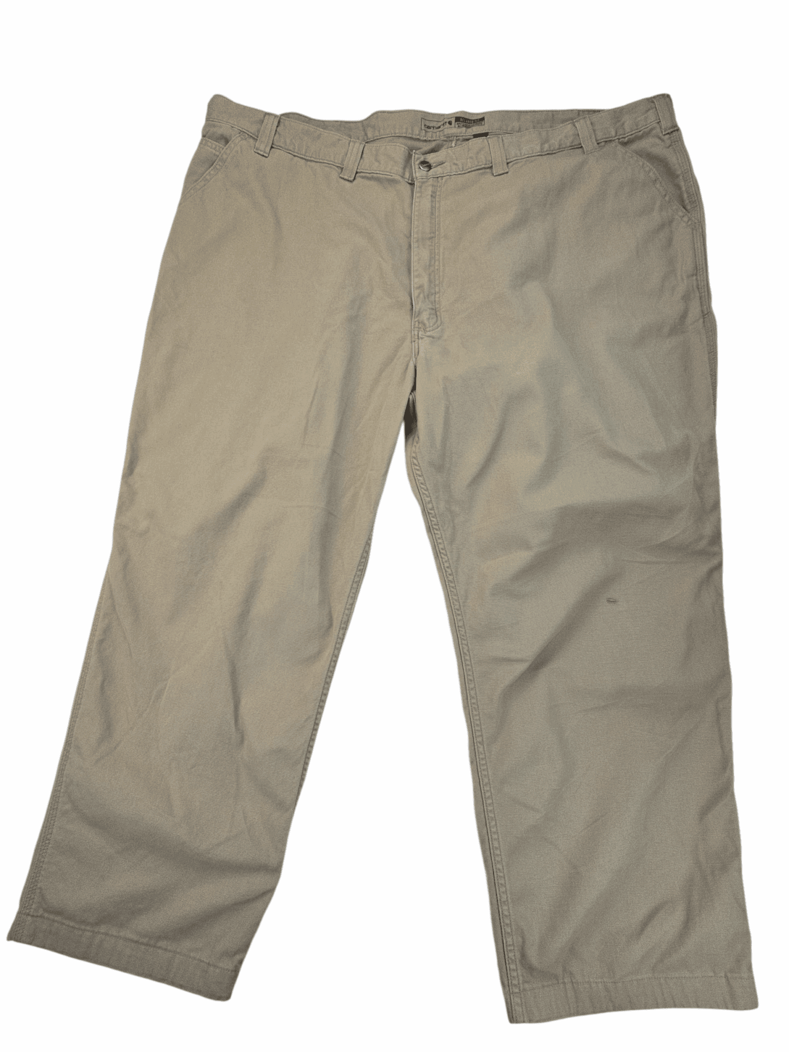 A pair of beige casual pants laid flat on a white background.