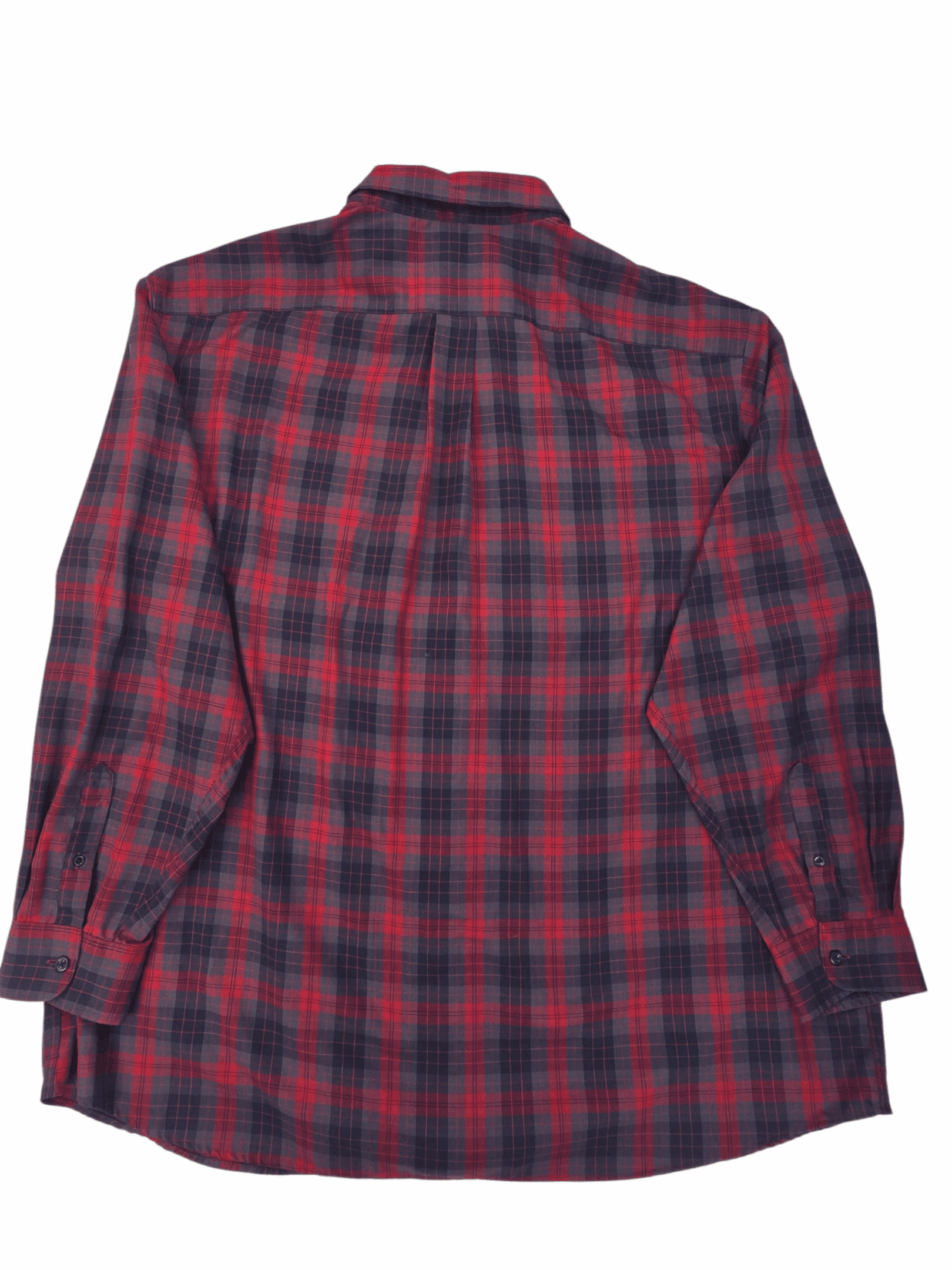 Red and black plaid flannel shirt with long sleeves.
