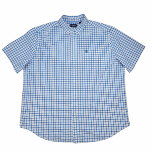 Front view of Chaps Easy Care blue checked short sleeve shirt in men’s Big & Tall size 2XB showing collar, button placket, and chest pocket.
