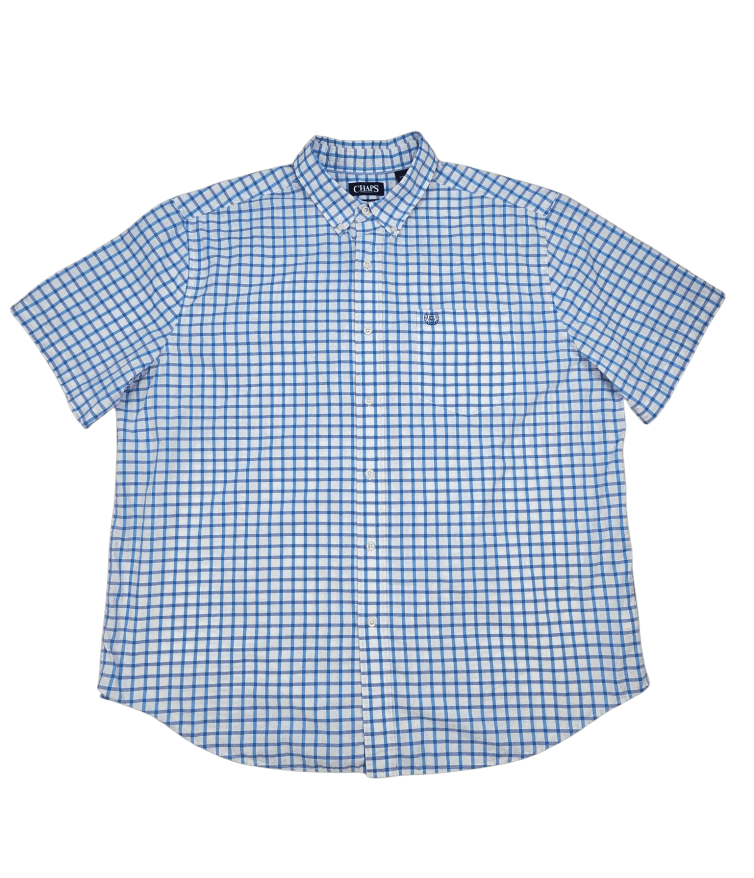 Front view of Chaps Easy Care blue checked short sleeve shirt in men’s Big & Tall size 2XB showing collar, button placket, and chest pocket.