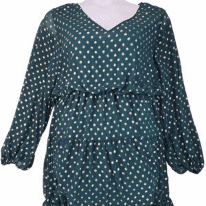 Green polka dot long-sleeve blouse with ruffle detail and drawstring waist.