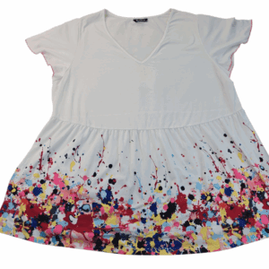 Front view of Bloom Chic multi-color paint splatter V-neck pullover top in women’s plus size 22/24 showing abstract paint pattern and relaxed fit.