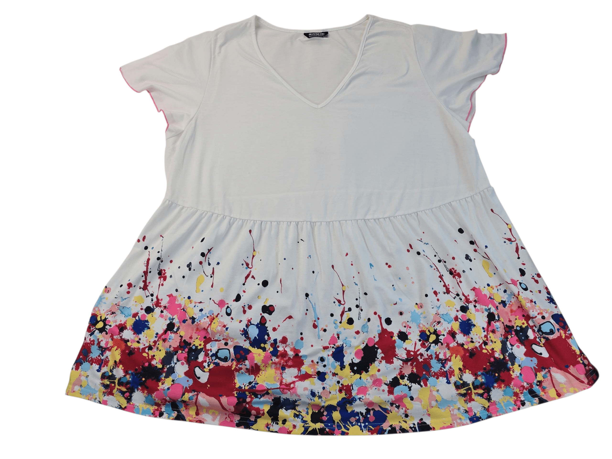 Front view of Bloom Chic multi-color paint splatter V-neck pullover top in women’s plus size 22/24 showing abstract paint pattern and relaxed fit.