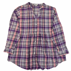 Front view of Woman Within purple and pink plaid flannel button-up shirt in women’s plus size 1X showing collar, front buttons, and chest pockets.