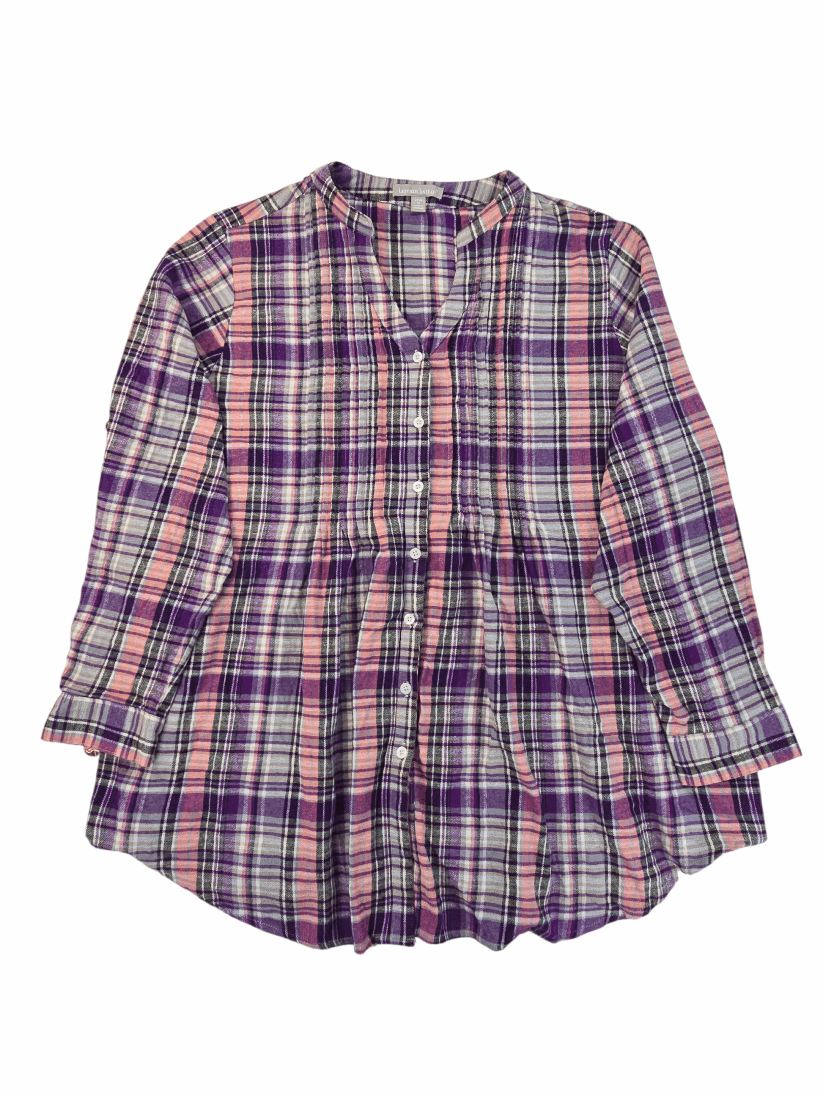 Front view of Woman Within purple and pink plaid flannel button-up shirt in women’s plus size 1X showing collar, front buttons, and chest pockets.