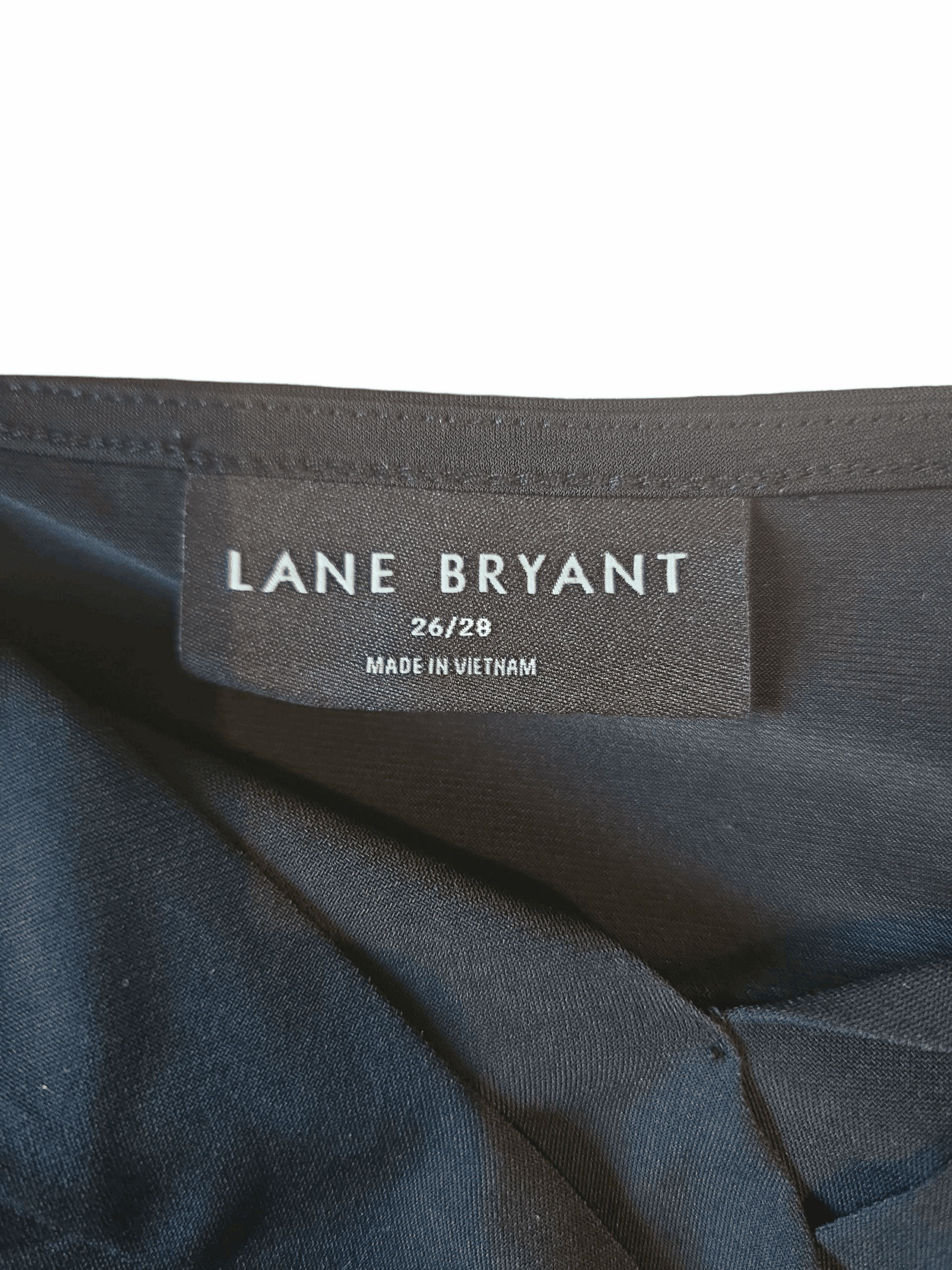 Close-up of a Lane Bryant clothing label on a black fabric.
