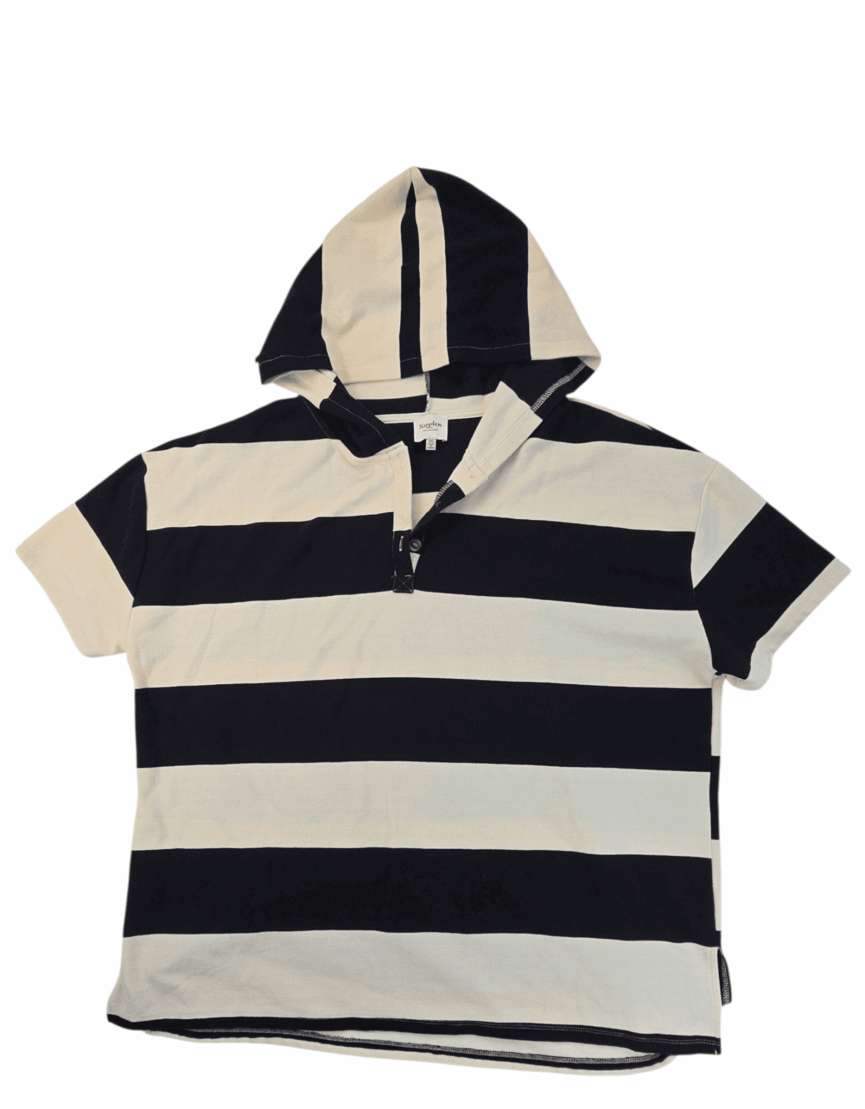 Black and white striped short-sleeve hoodie shirt.