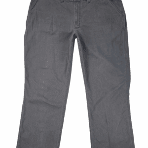 Pair of gray casual trousers laid flat.