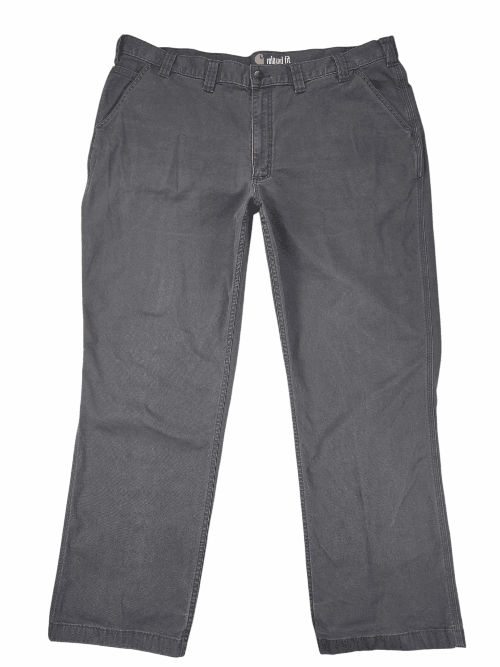 Pair of gray casual trousers laid flat.