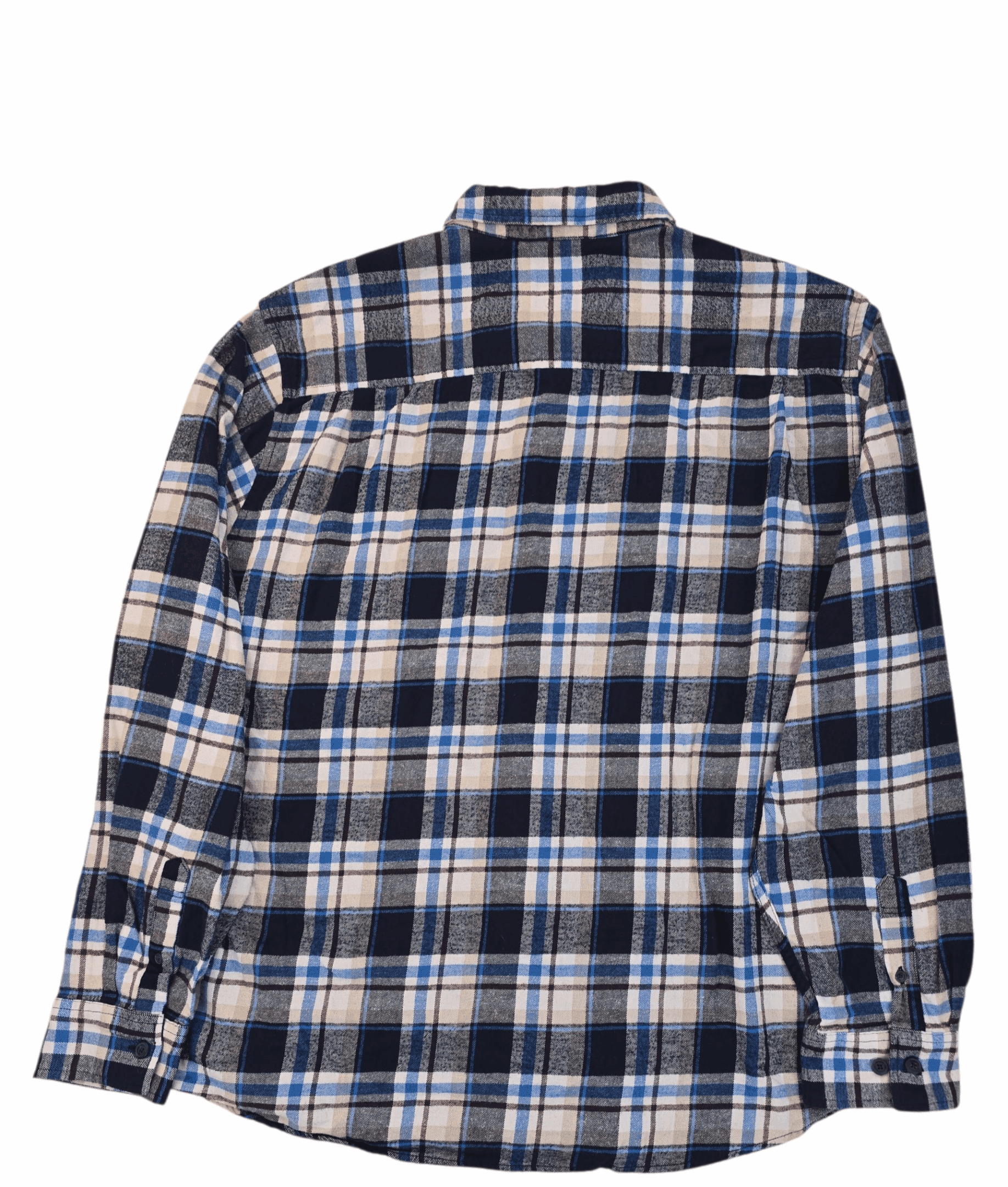 Blue and white plaid long-sleeve shirt.