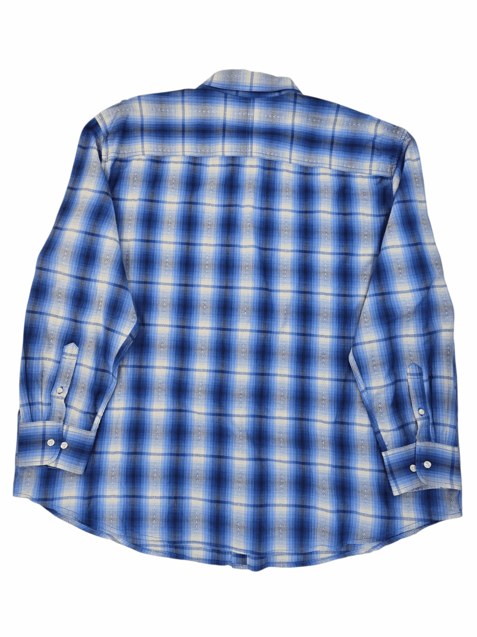 Blue and white plaid long-sleeve shirt laid flat.