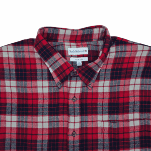 Close-up of Saddlebred Big & Tall red, blue, and gray plaid flannel shirt showing collar, buttons, and soft fabric texture.