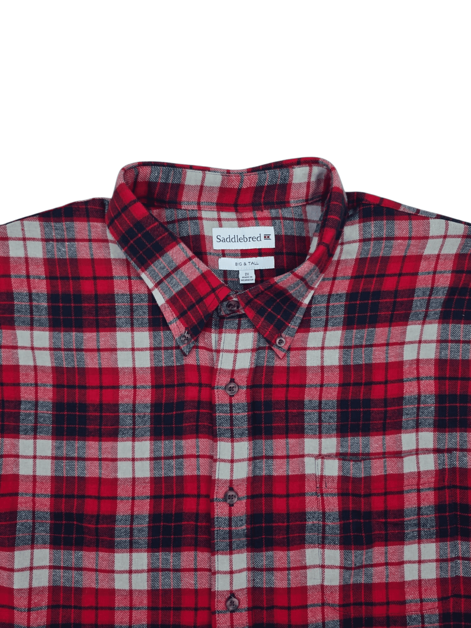 Close-up of Saddlebred Big & Tall red, blue, and gray plaid flannel shirt showing collar, buttons, and soft fabric texture.