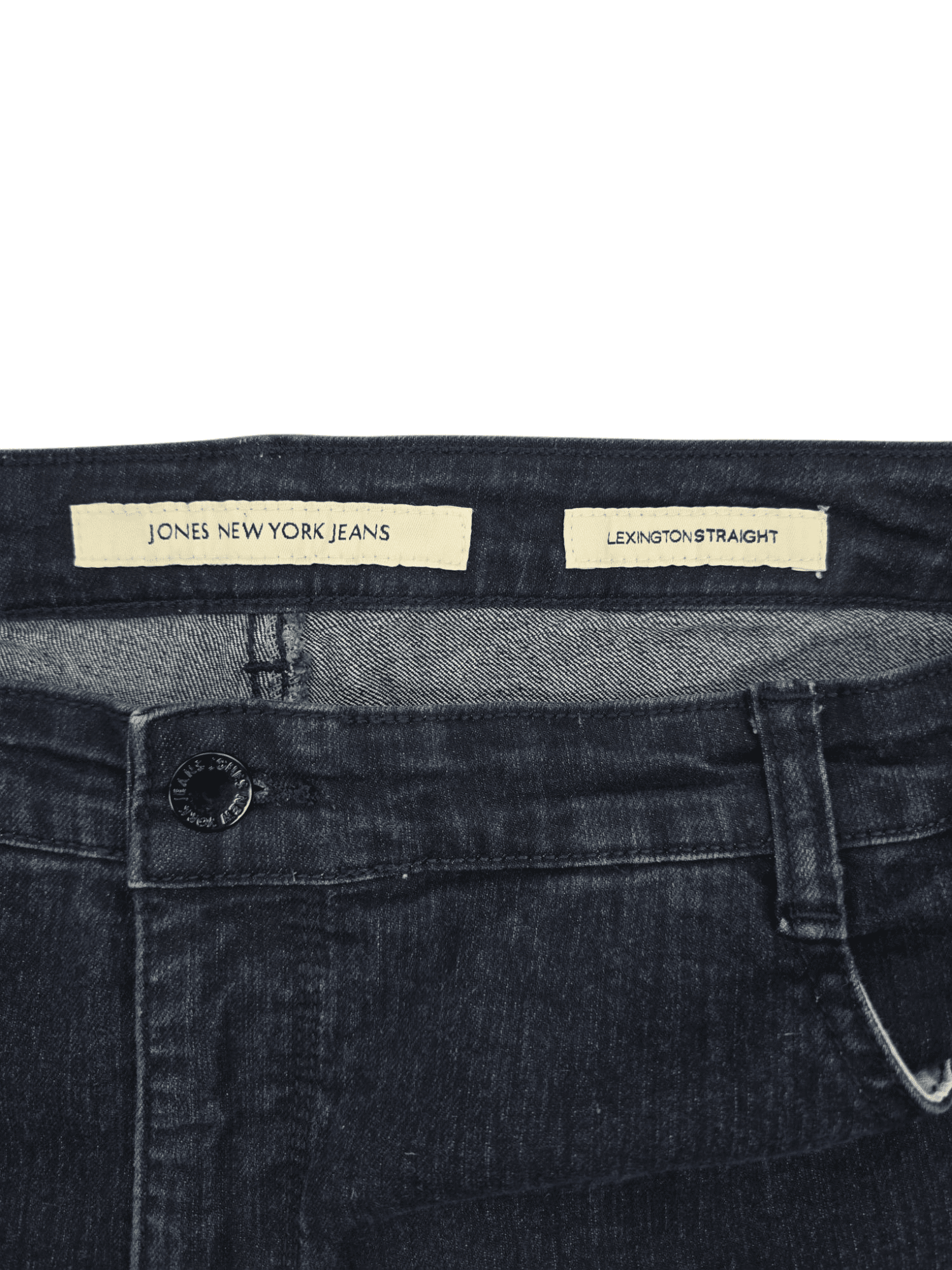 Jones New York brand tag on Lexington Straight indigo jeans