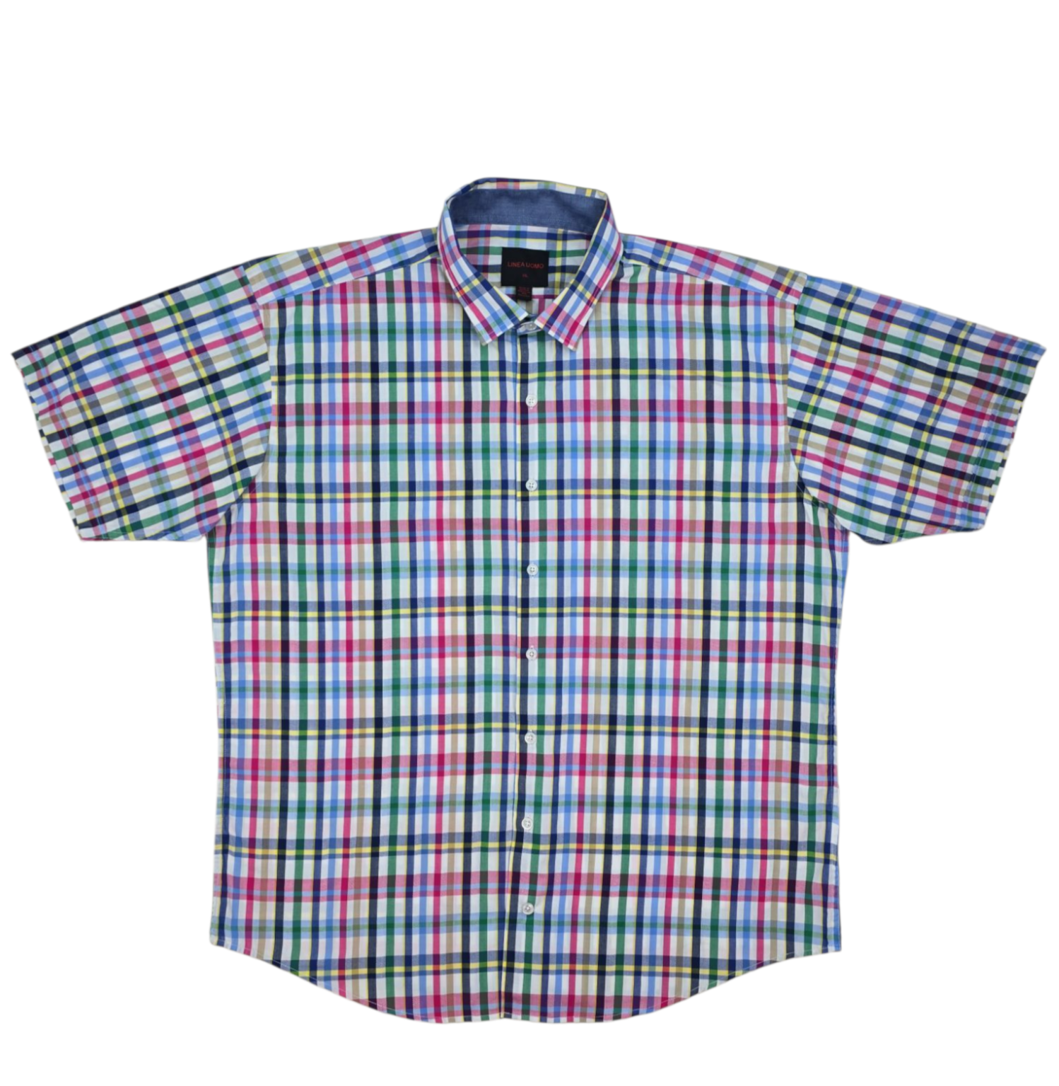 Front view of Linea Uomo multicolored check short sleeve shirt in men’s size XXL showing collar, button placket, and vibrant check pattern.