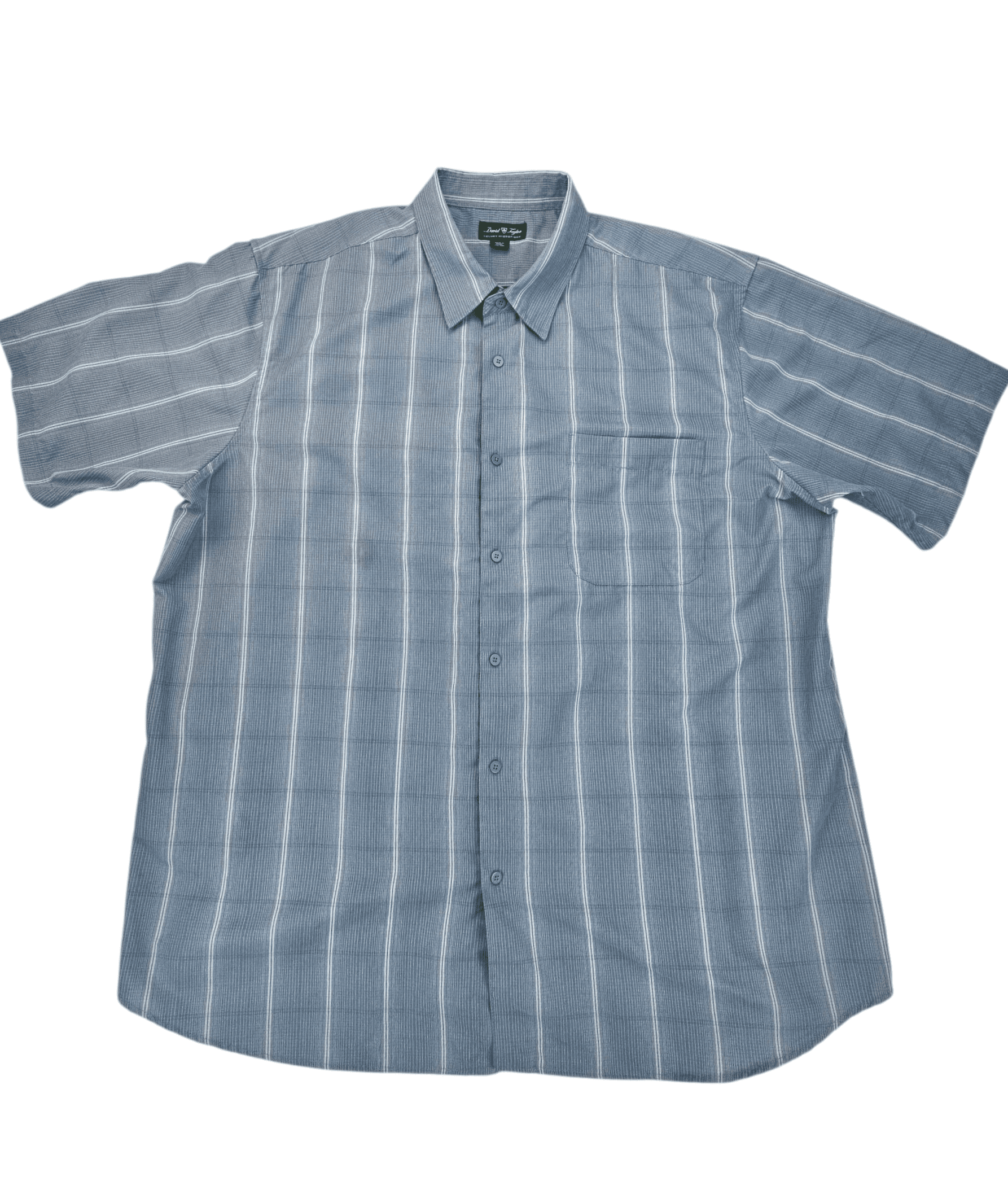 Front view of David Taylor Luxury Microfiber blue and white checked button-up shirt in men’s size XXL showing collar, button placket, and chest pocket.