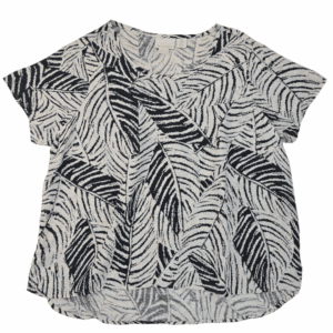 Short-sleeve blouse with black and white abstract leaf pattern.