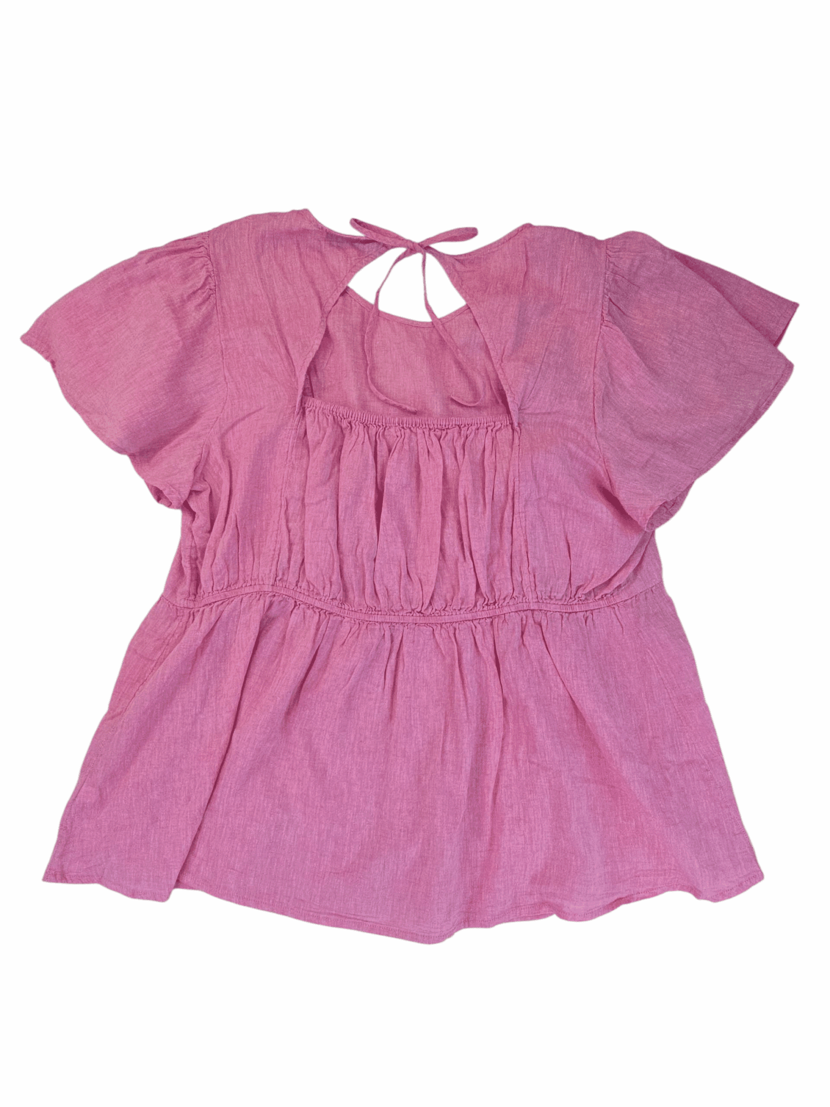 Back view of Lane Bryant pink linen blend flutter sleeve peplum top showing gathered waist and flowy hemline.