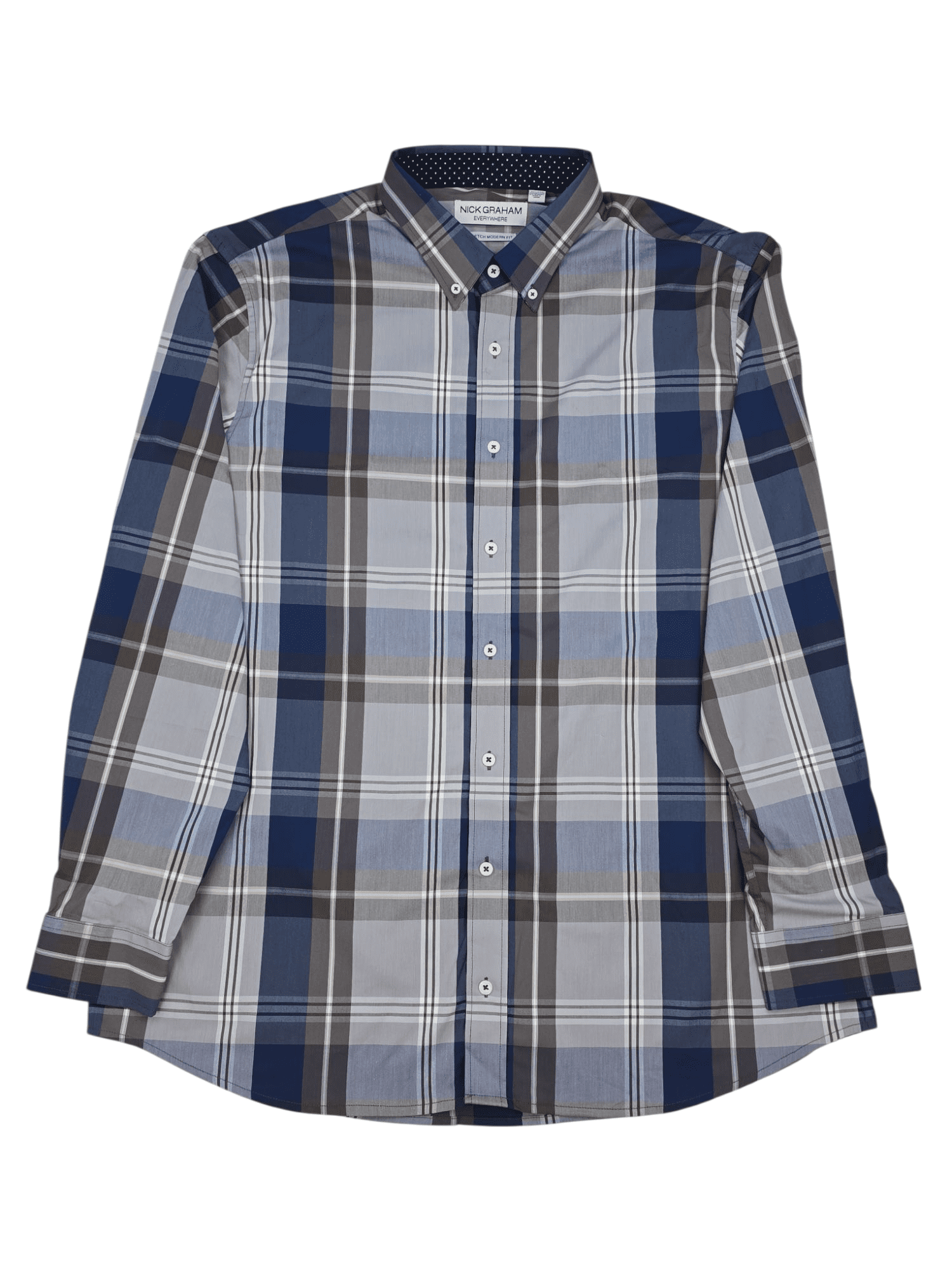 Front view of Nick Graham “Everywhere Stretch” navy and brown plaid shirt in men’s size 2XL showing collar, button placket, and chest pocket.