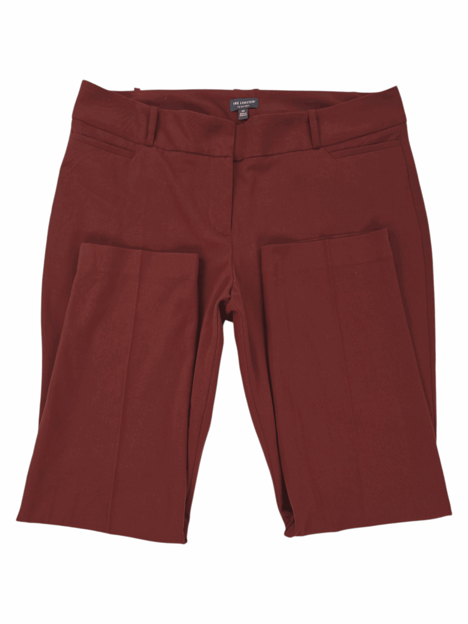 Close-up of waistband and stitching detail on The Limited “The New Drew” tapered pants wine color women’s size 16