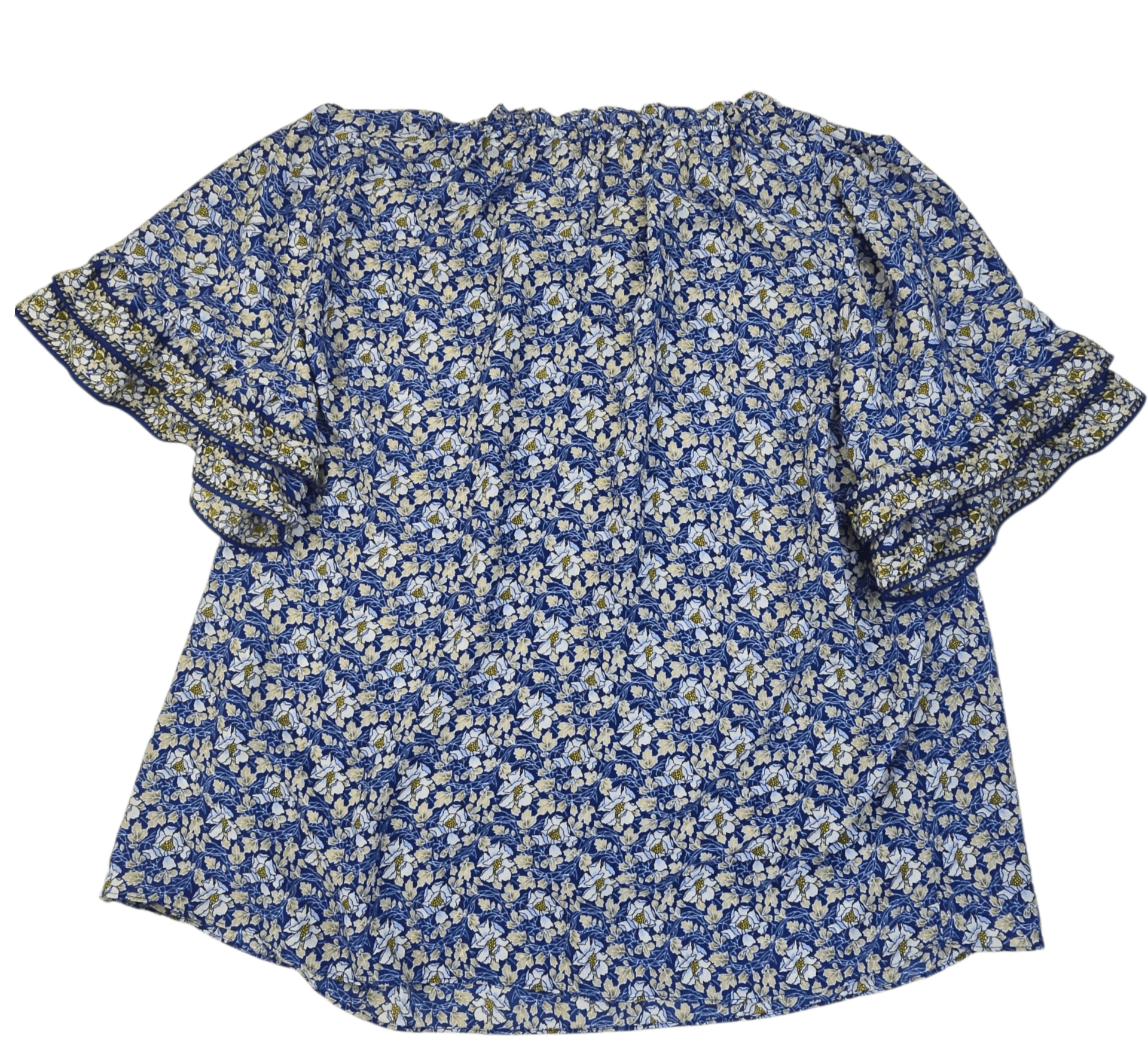 Blue floral blouse with ruffled sleeves laid flat.