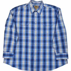 Blue and white plaid long-sleeve button-up shirt.