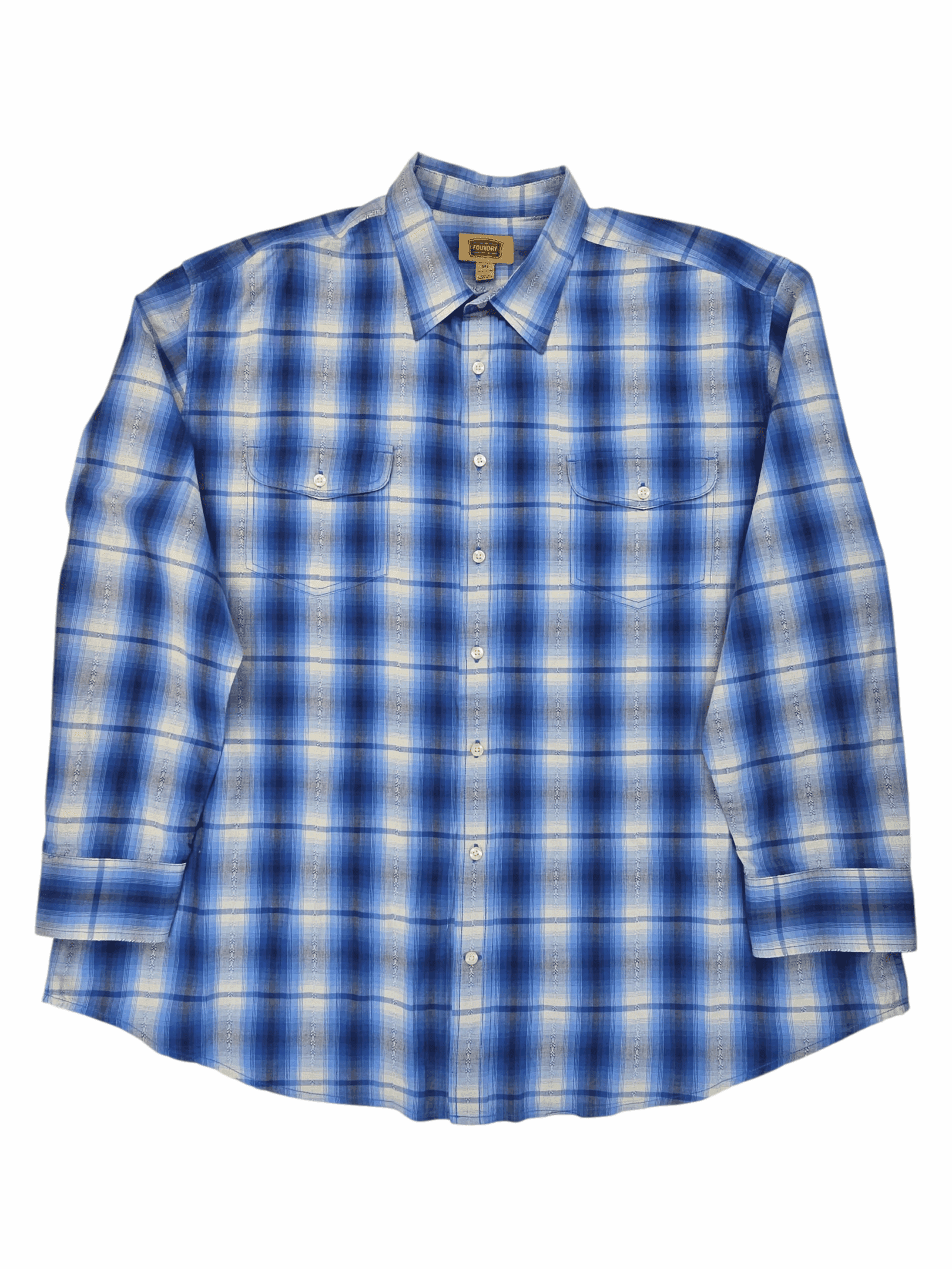 Blue and white plaid long-sleeve button-up shirt.