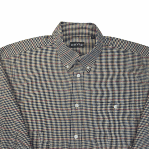 Close-up of Orvis red and blue check long sleeve button-up shirt showing collar, buttons, and woven check detail.