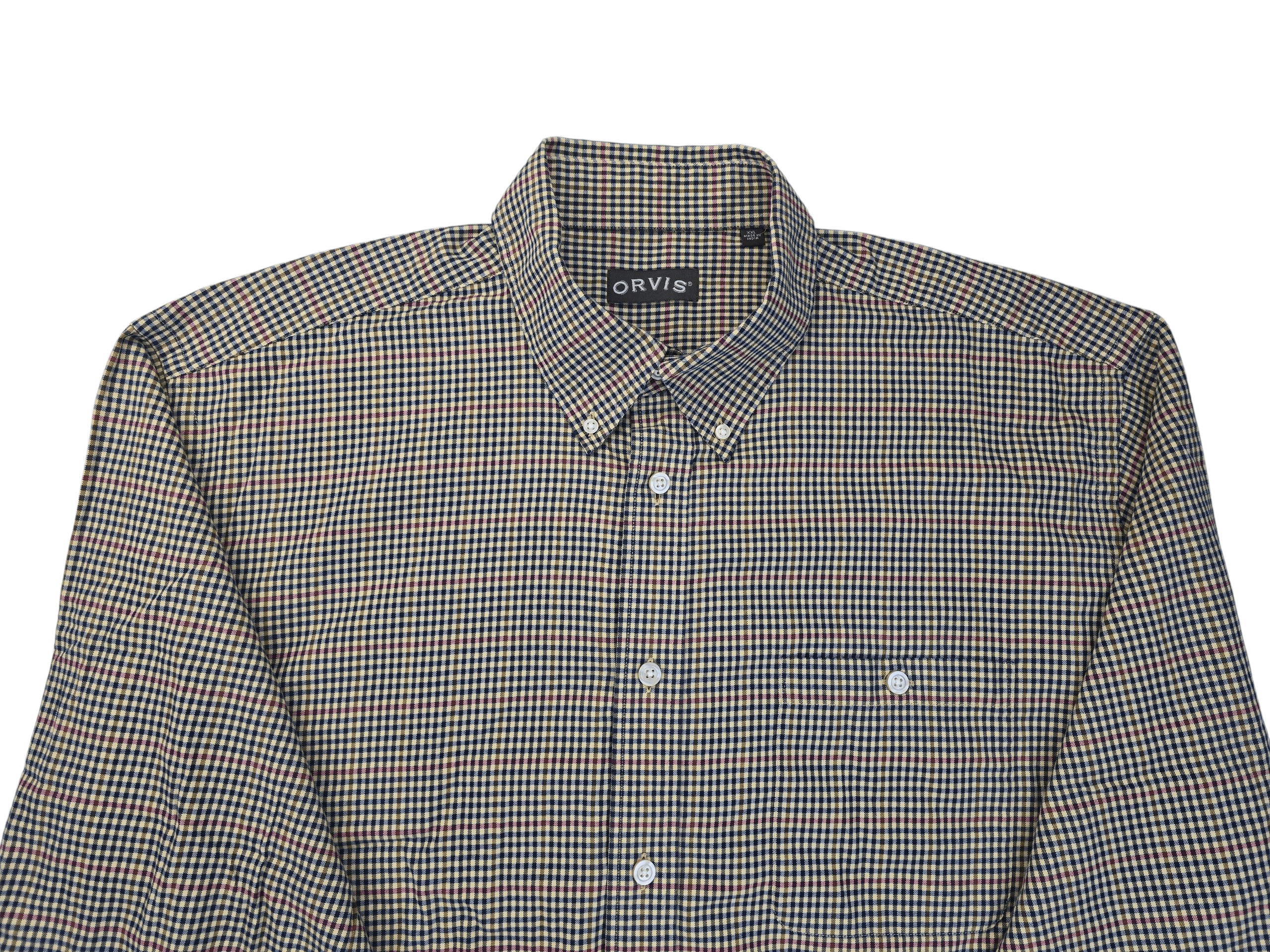 Close-up of Orvis red and blue check long sleeve button-up shirt showing collar, buttons, and woven check detail.