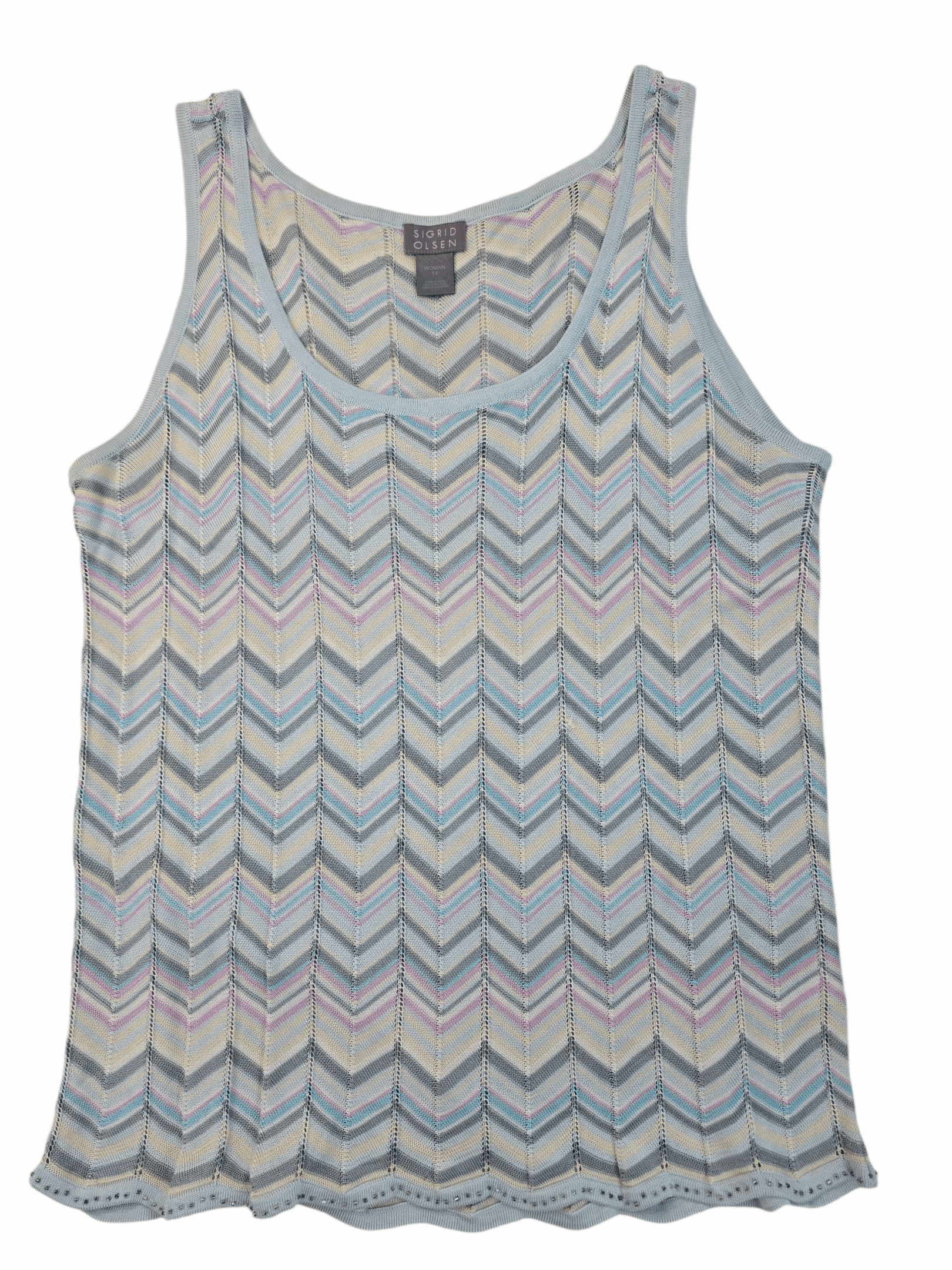 Sleeveless top with pastel zigzag pattern.