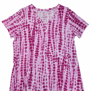 Pink and white tie-dye short-sleeve shirt with a scoop neckline.