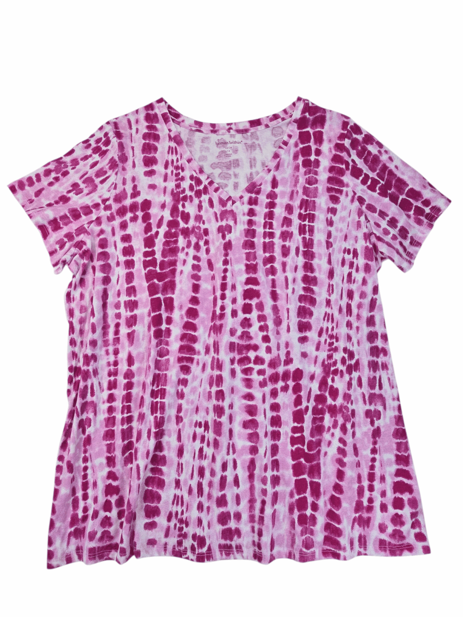 Pink and white tie-dye short-sleeve shirt with a scoop neckline.