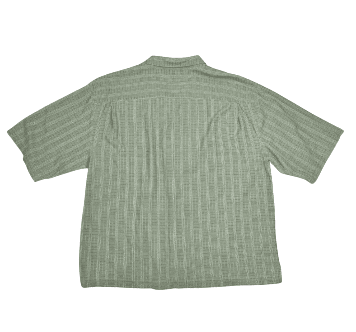 Back view of Pusser’s Island Reserve tonal green checked silk cotton shirt showing yoke seam and smooth drape.