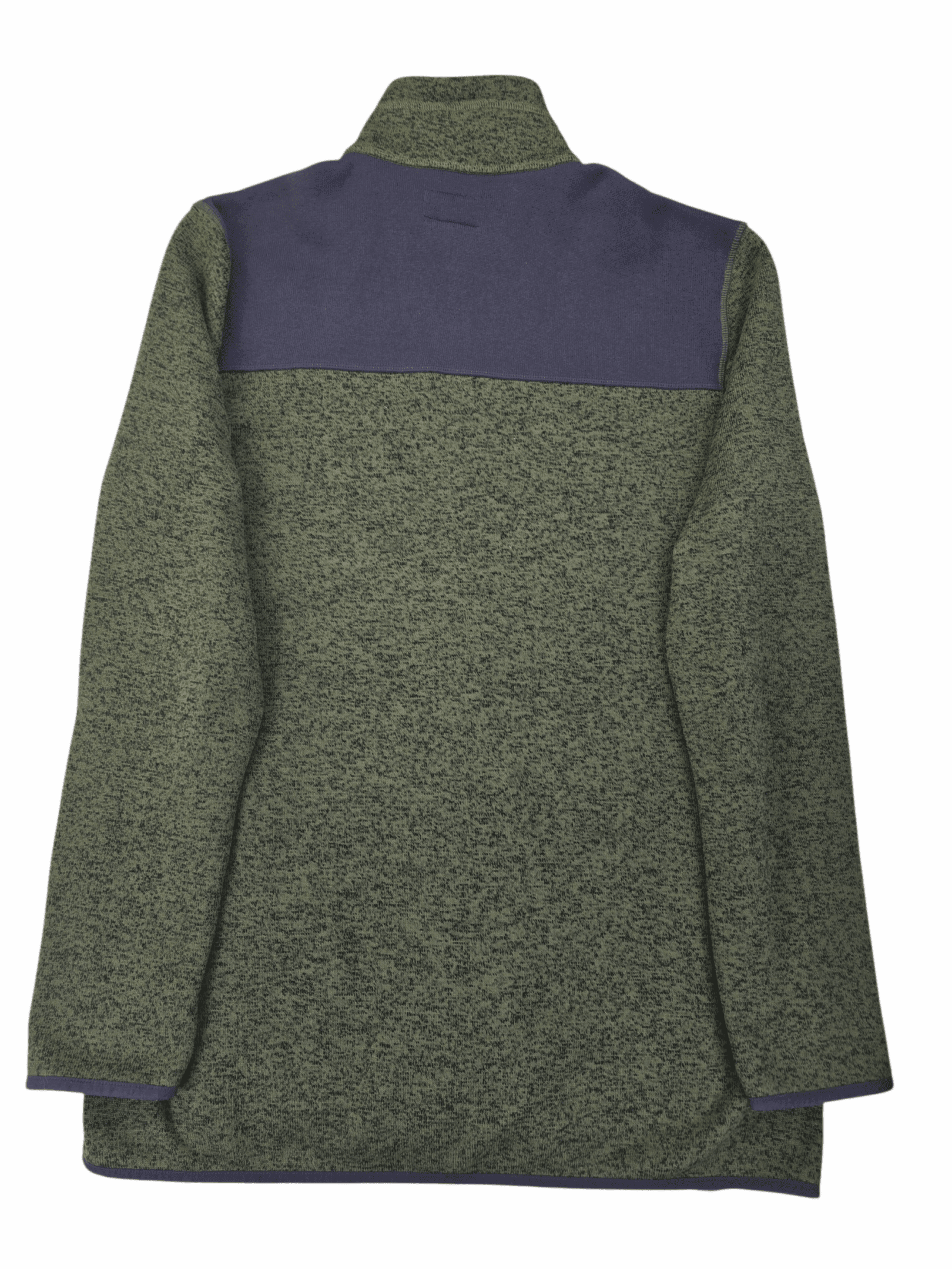 A long-sleeve, two-tone sweater with olive green and navy blue colors.