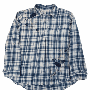 Blue and white plaid long-sleeve shirt with button-down collar.