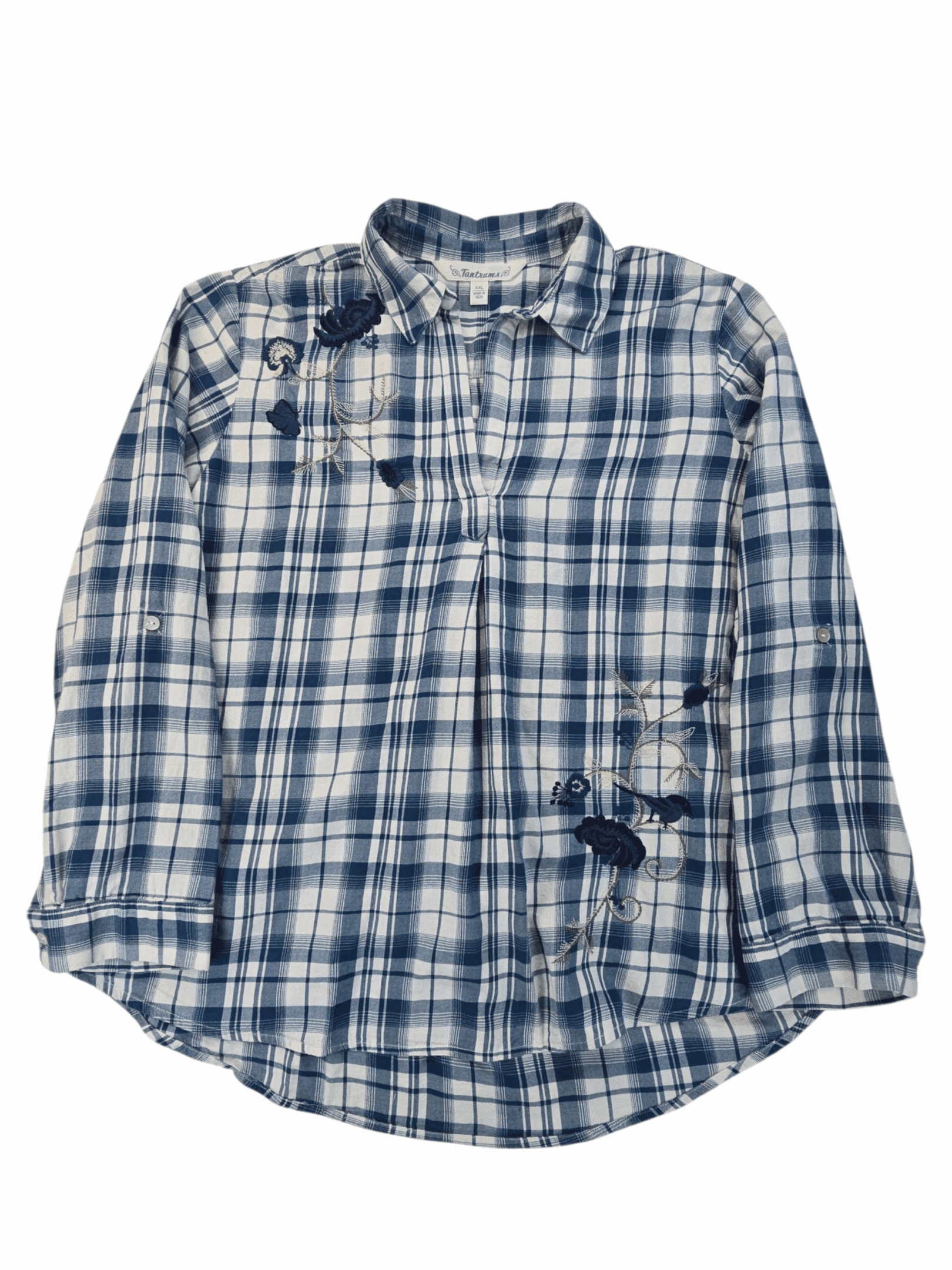 Blue and white plaid long-sleeve shirt with button-down collar.