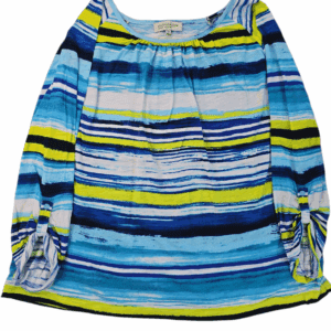 Front view of Jones New York Sport Woman blue and yellow paint stroke pullover top in women’s size 3X showing abstract print, scoop neckline, and long sleeves.