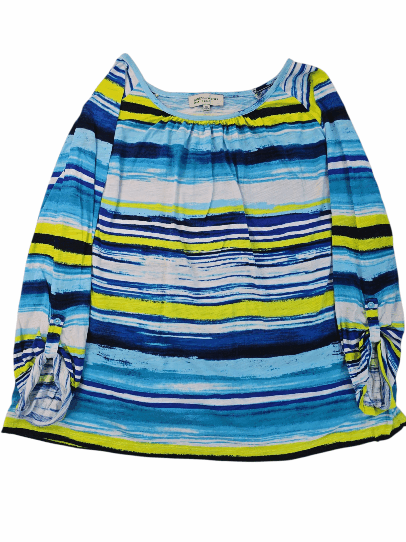 Front view of Jones New York Sport Woman blue and yellow paint stroke pullover top in women’s size 3X showing abstract print, scoop neckline, and long sleeves.