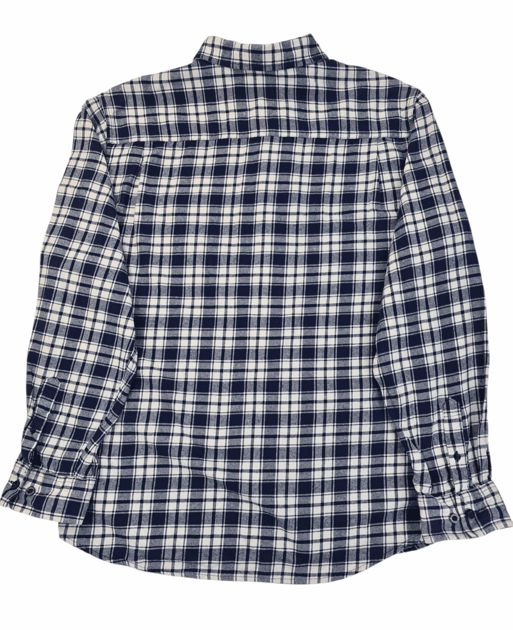 Blue and white plaid long-sleeve shirt.