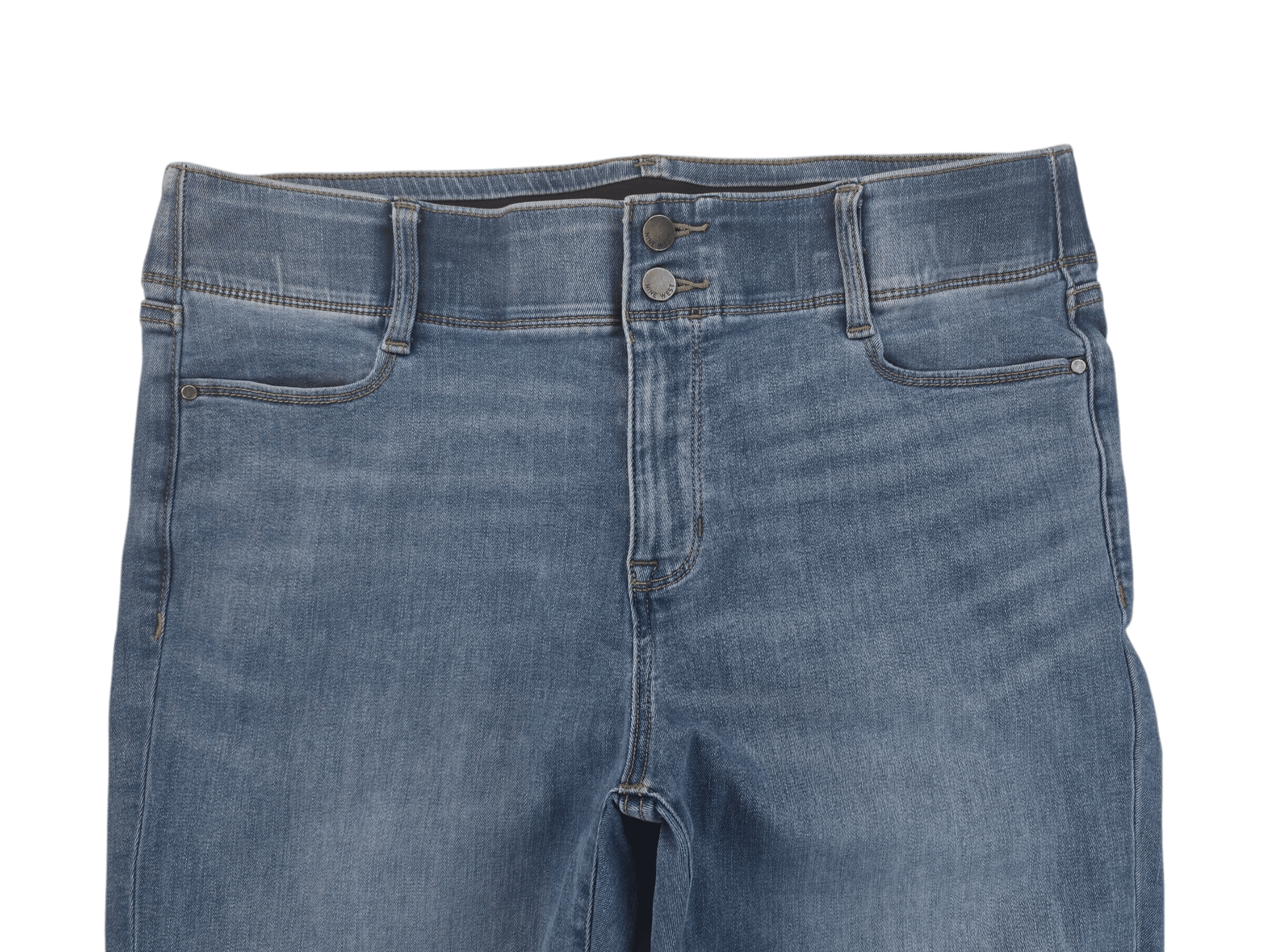 Close-up of blue denim jeans front with button and pockets.